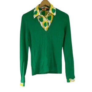 Tory Burch Layered Green Sweater with Removable Printed Collar & Cuffs